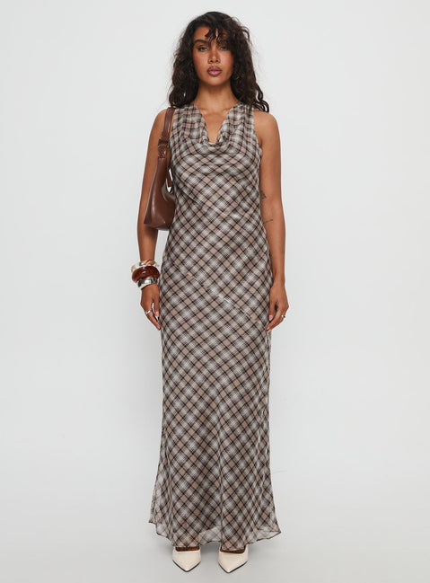 Veida Cowl Neck Maxi Dress Brown Check