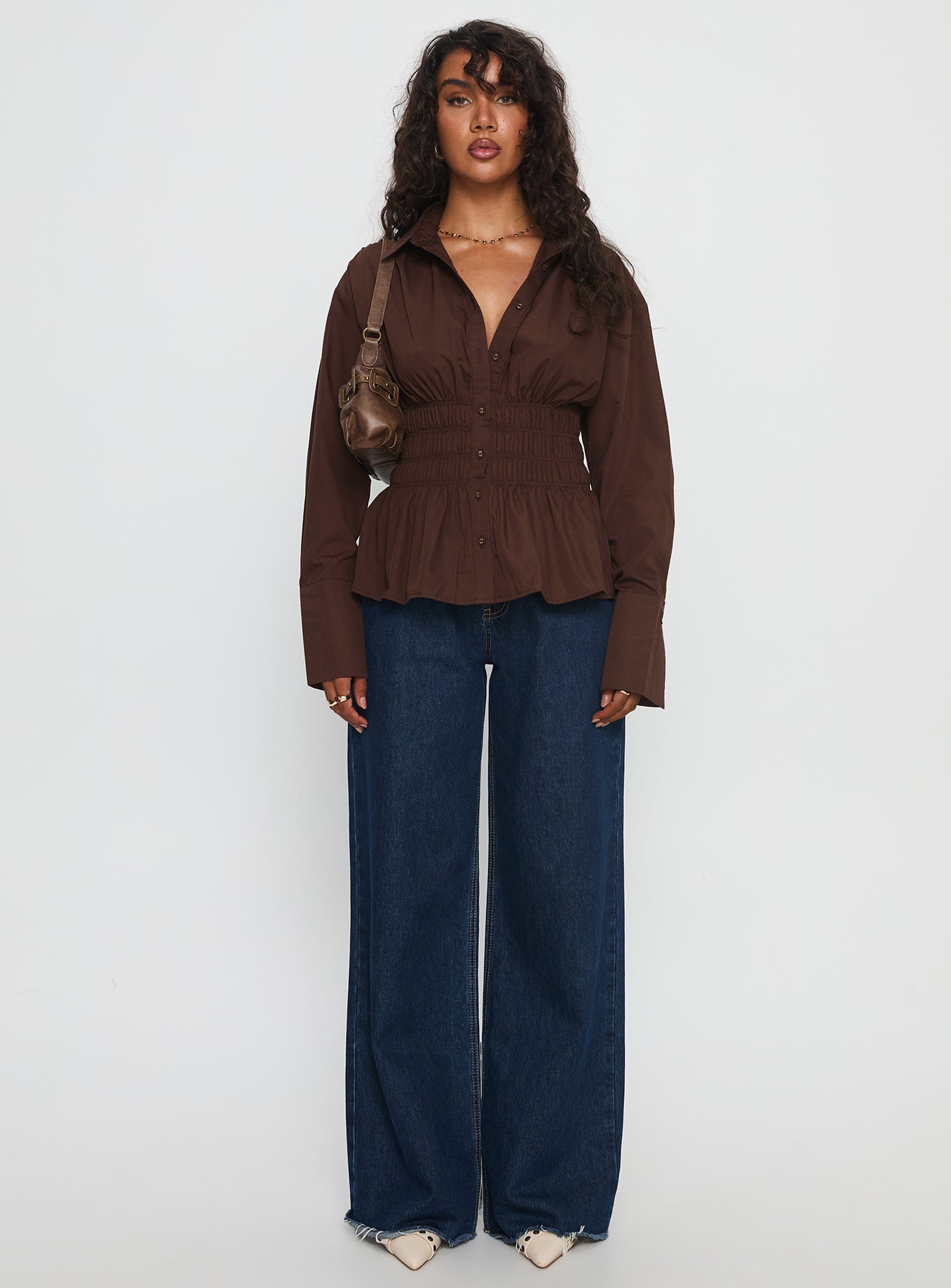 As You Are Shirred Button Up Top Chocolate