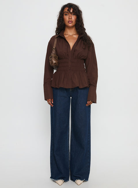 As You Are Shirred Button Up Top Chocolate