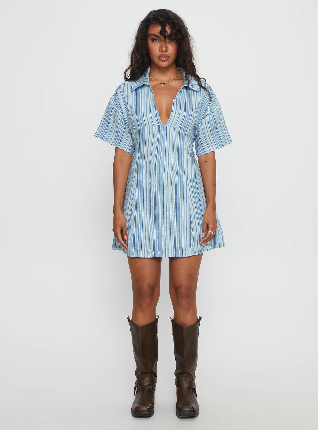 Wylla V Neck Linen Mini Dress Blue Stripe