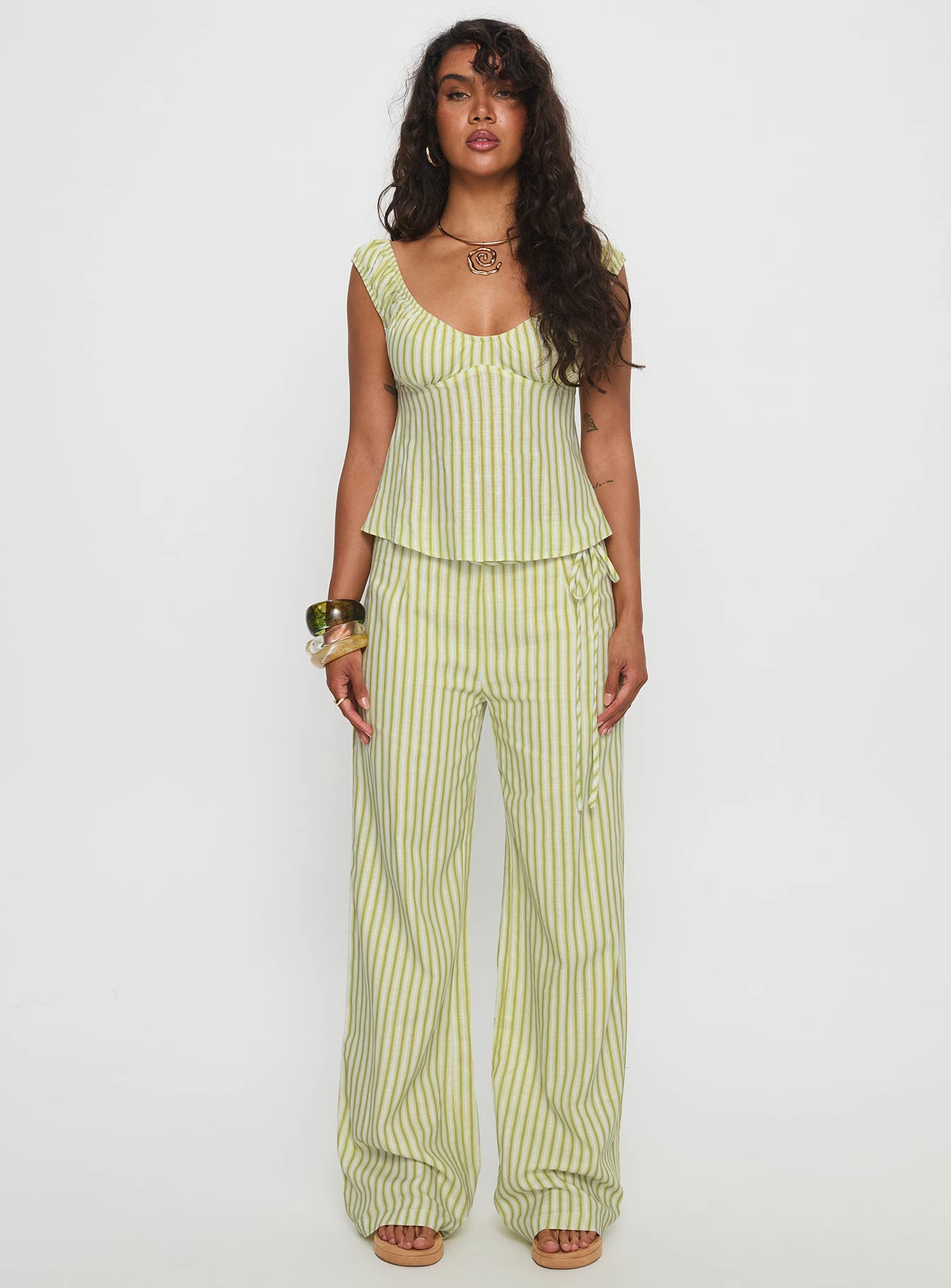 With Pleasure Tie Side Pant Green / Blue Stripe | Princess Polly