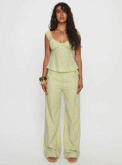 front view of model wearing Princess Polly With Pleasure Tie Side Pant Green / Blue Stripe Mid Rise Pants 