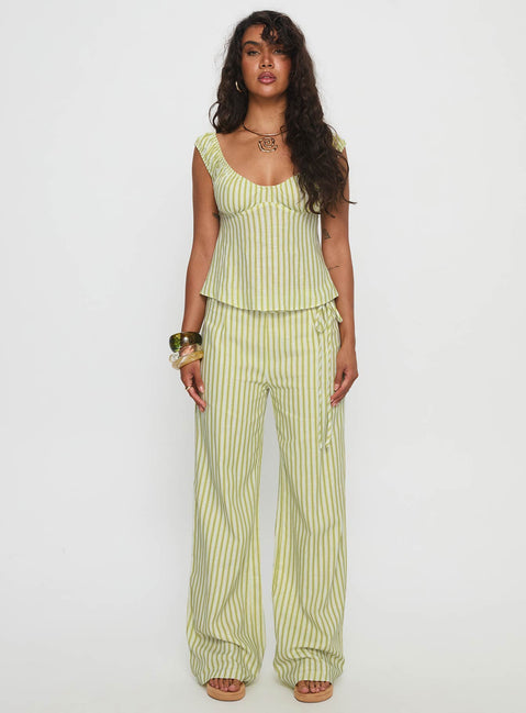 front view of model wearing Princess Polly With Pleasure Tie Side Pant Green / Blue Stripe Mid Rise Pants 