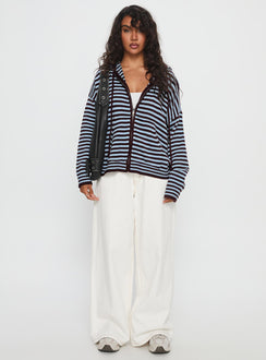 front view of model wearing Princess Polly Brienna Zip Jacket Burgundy / Blue Stripe 