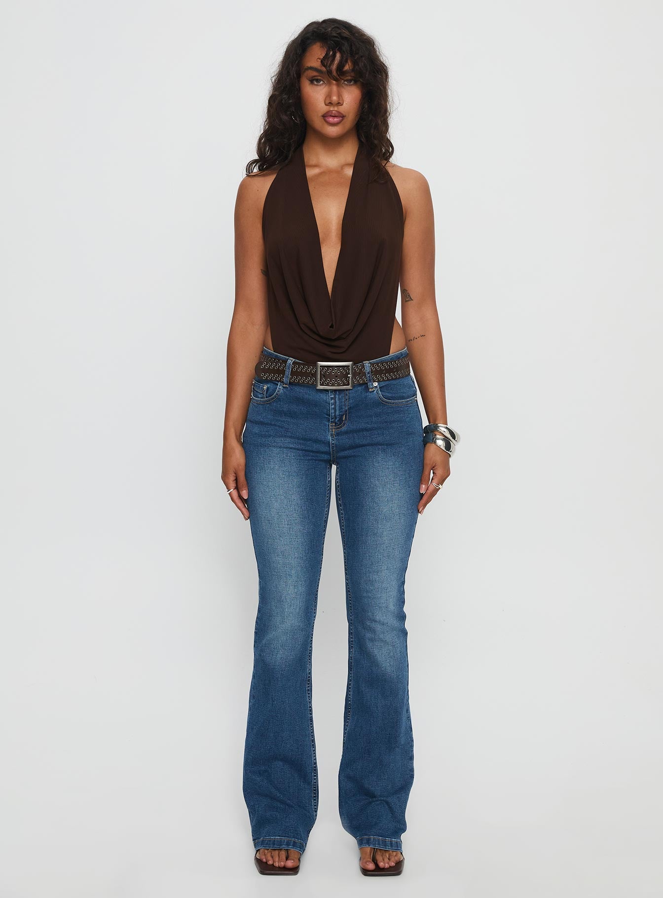 front view of model wearing Princess Polly Quinna Plunge Neck Backless Bodysuit Chocolate Sleeveless 