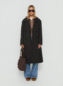 Olimpea Longline Trench Coat Black Pinstripe