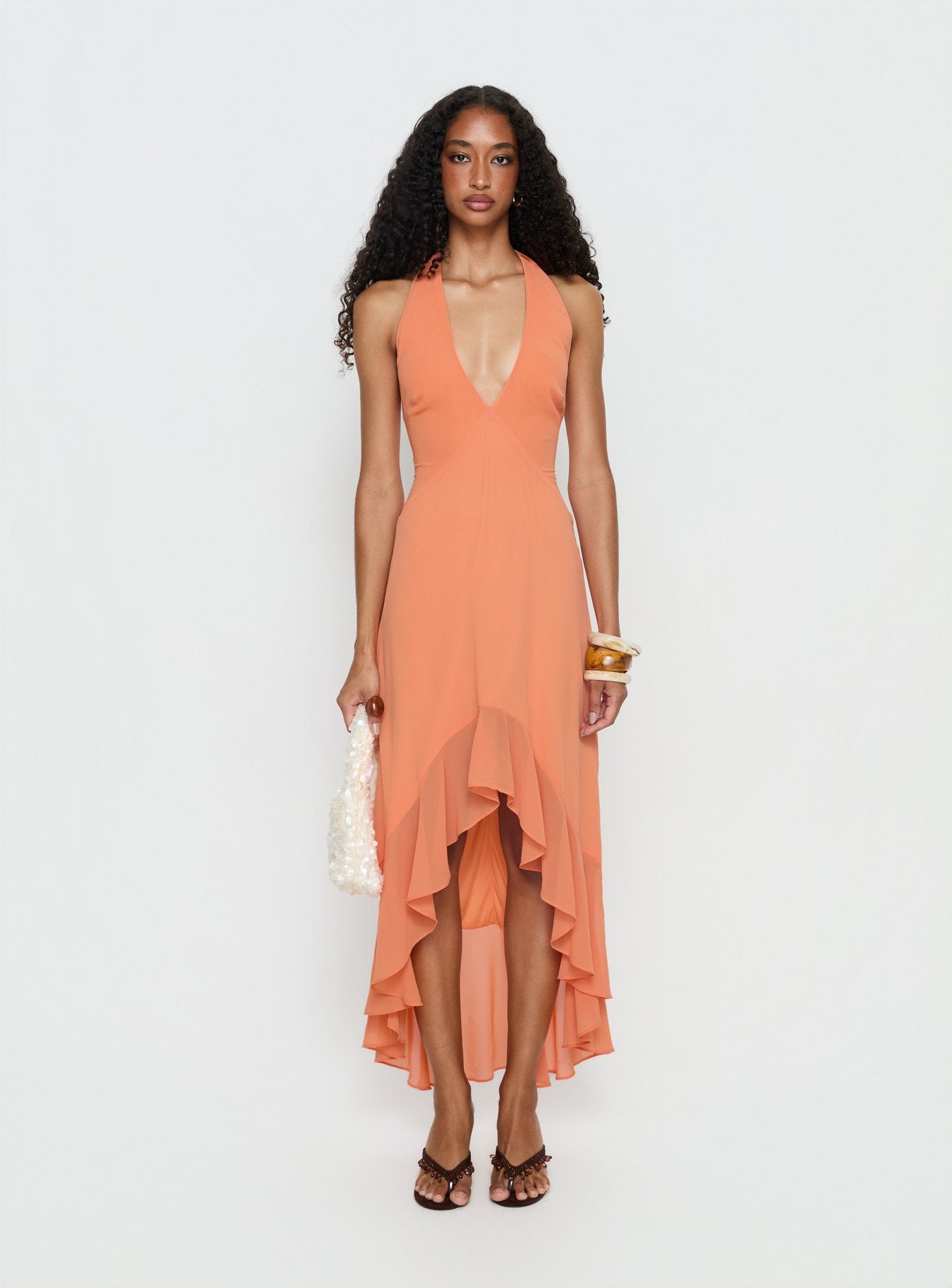 AGATA HALTER FRILL MAXI DRESS Orange