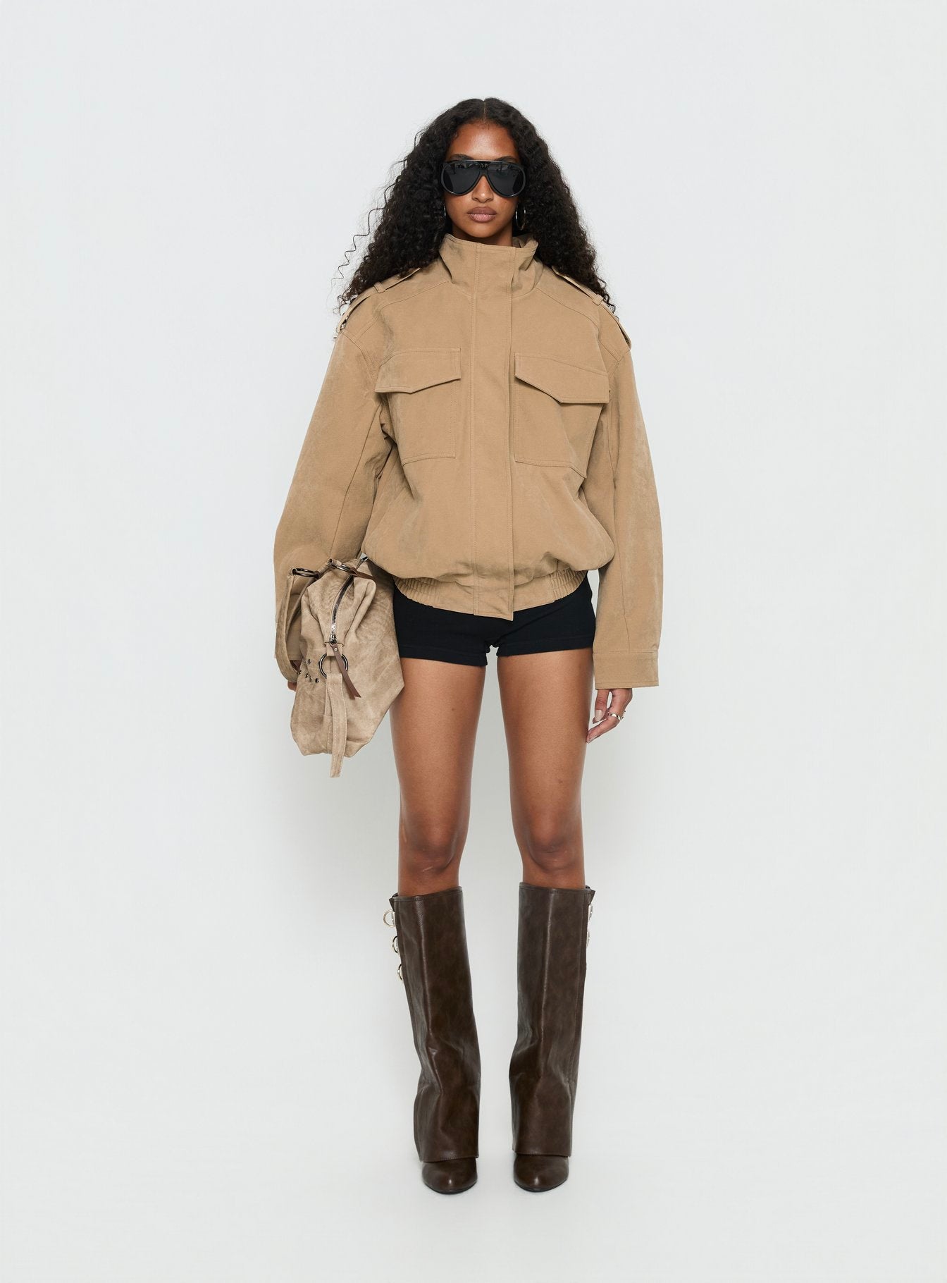 Double Life Funnel Neck Cargo Jacket Beige Petite