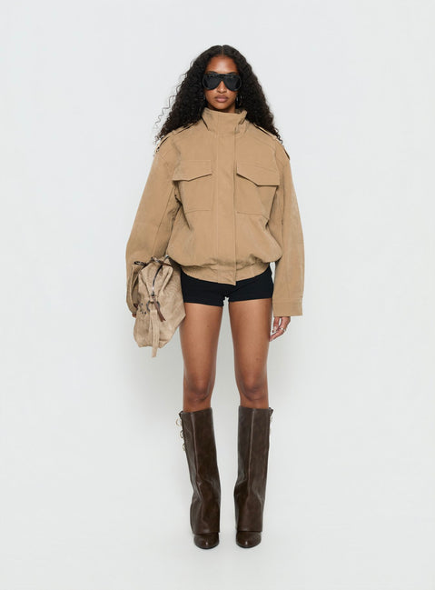 Double Life Funnel Neck Cargo Jacket Beige Petite