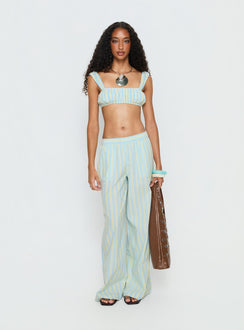 front view of model wearing Princess Polly Talyssa Elasticated Waist Pants Blue Stripe Mid Rise Pants 