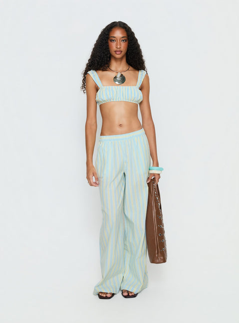 front view of model wearing Princess Polly Talyssa Elasticated Waist Pants Blue Stripe Mid Rise Pants 