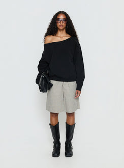 side view of model wearing Princess Polly Wellness Off the Shoulder Jumper Washed Black Longline Jumpers 
