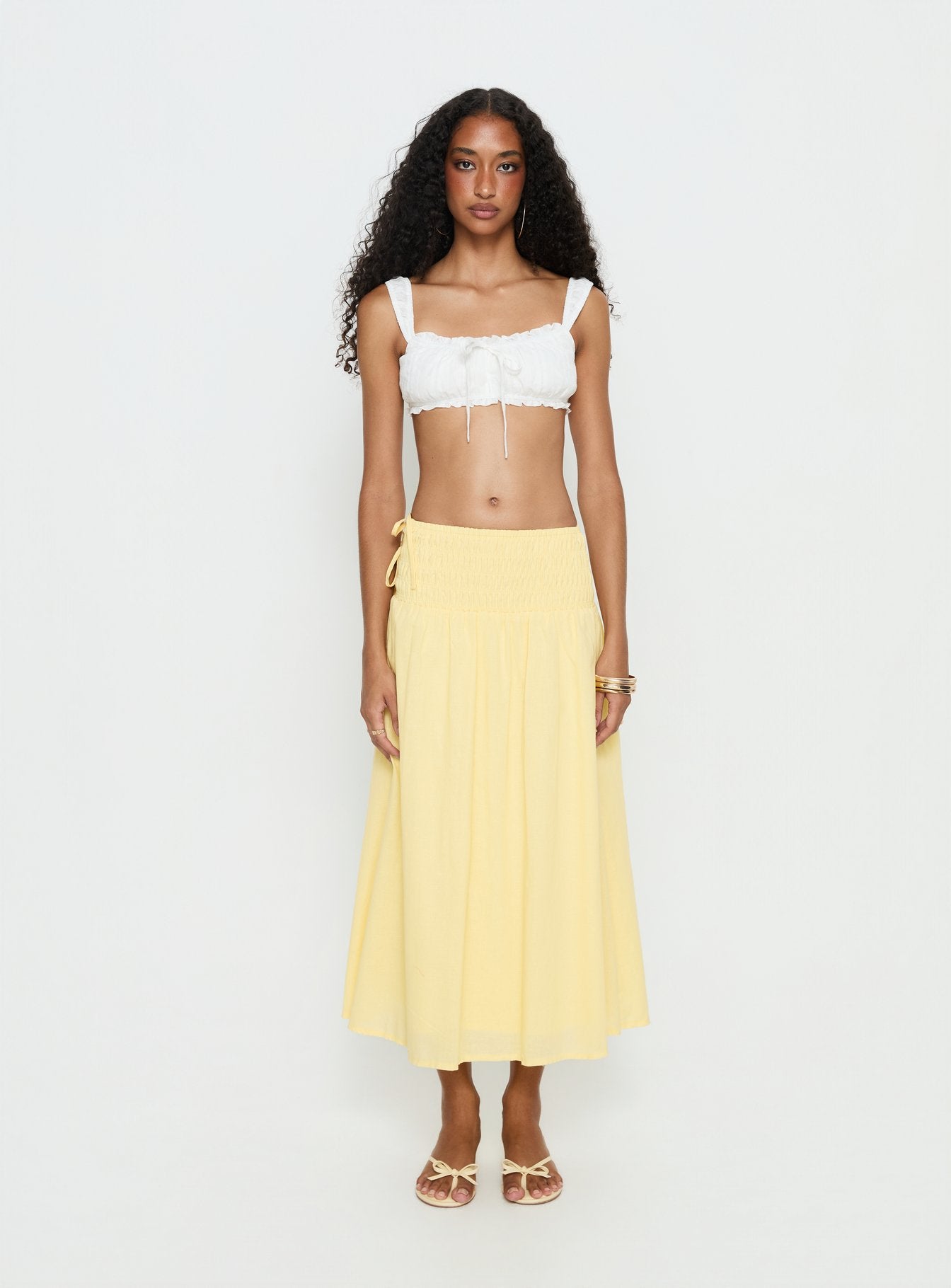 Vence Ruched Maxi Skirt Lemon Yellow | Princess Polly