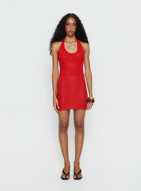Lior Knit Scoop Halter Mini Dress Red