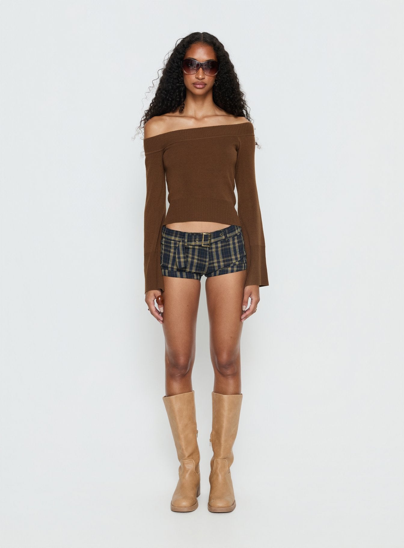 Perrey Long Sleeve Off Shoulder Top Brown | Princess Polly