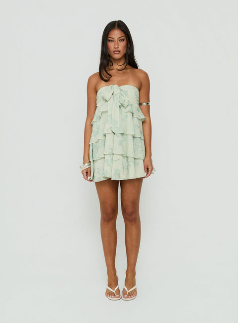 Kalari Strapless Layered Mini Dress Soft Green