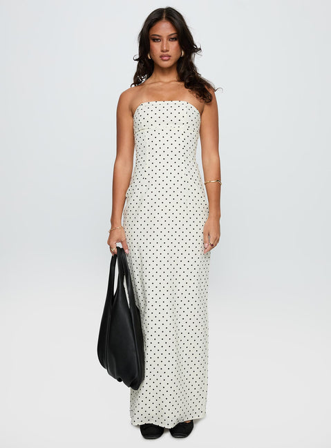 Dovie Linen Blend Strapless Midi Dress Cream Polka | Princess Polly Dovie Linen Blend Strapless Midi Dress Cream Polka | Princess Polly