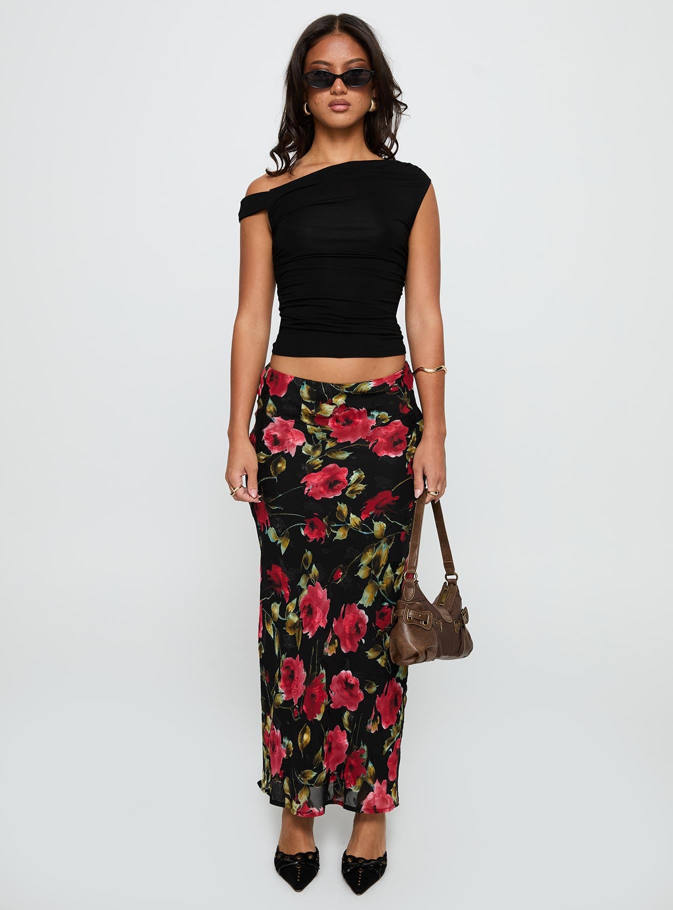 back view of model wearing Princess Polly Emaretta Maxi Skirt Multi Floral 
