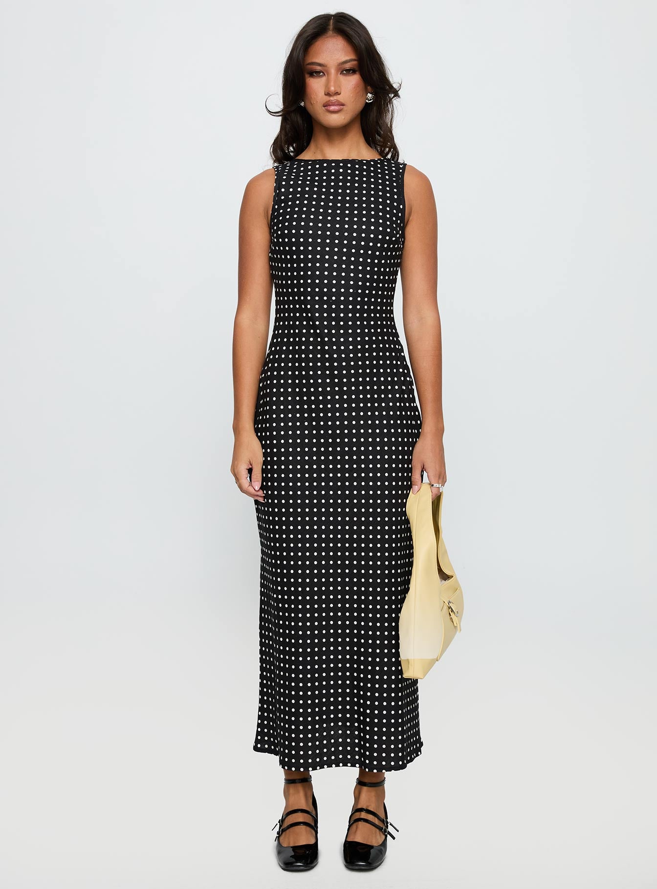 front view of model wearing Princess Polly Voyager Linen Blend Midi Dress Black Polka Crew Neck 