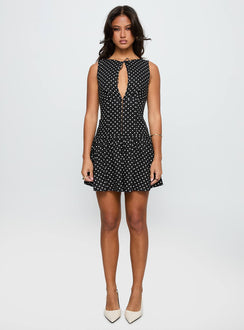 front view of model wearing Princess Polly Alissea Keyhole Linen Blend Mini Dress Black Polka Crew Neck 