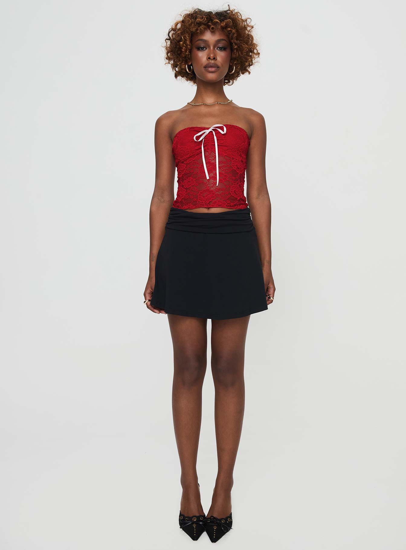 front view of model wearing Princess Polly Winnick Strapless Lace Top Red Sleeveless Sweetheart 