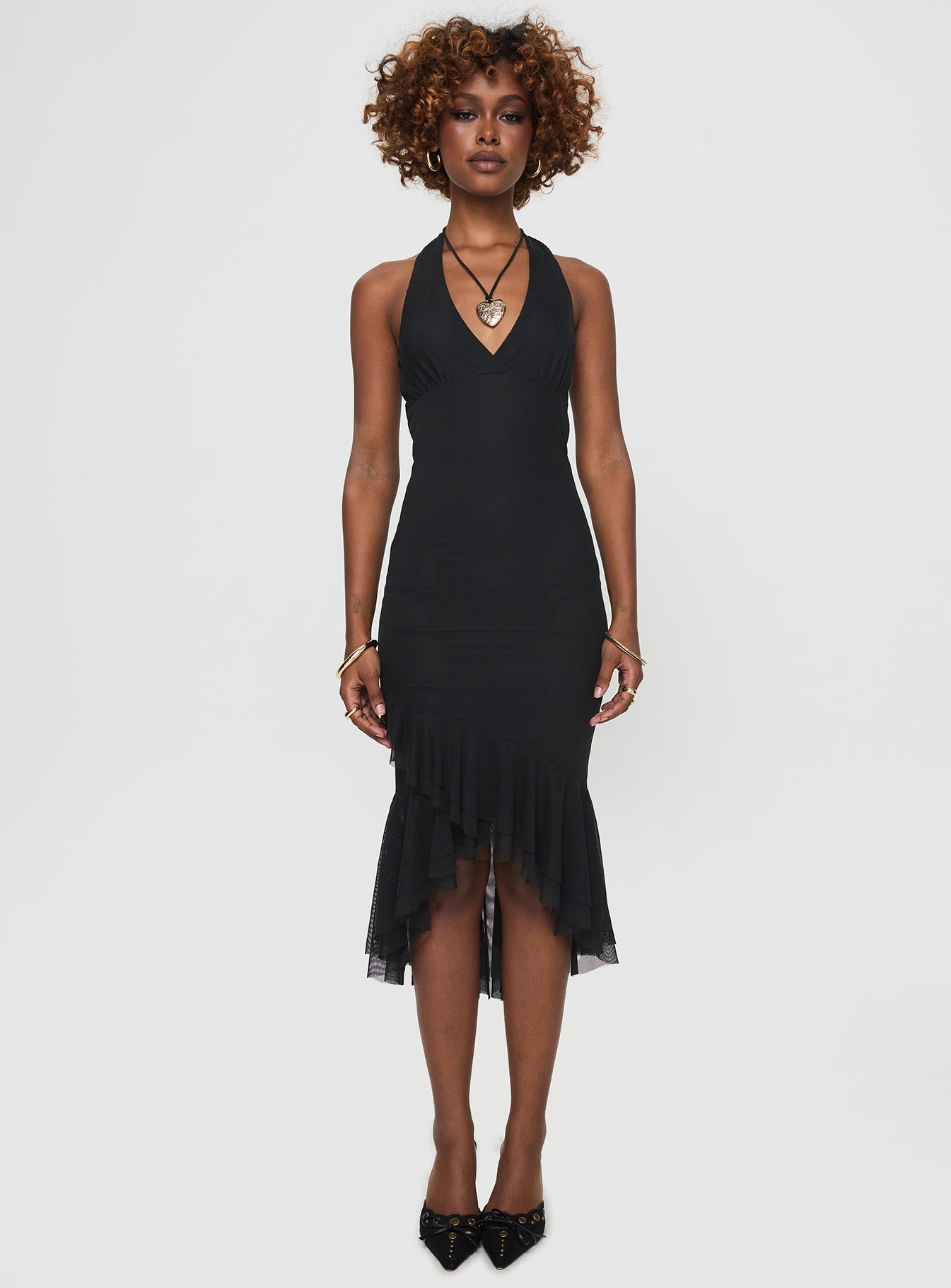 front view of model wearing Princess Polly Amadeus Midi Dress Black V-Neck 