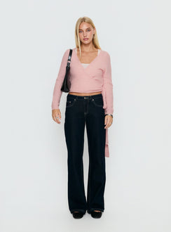 back view of model wearing Princess Polly Tonee Wrap Knit Cardigan Pink cropped 