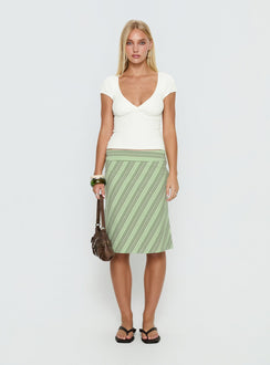   front view of model wearing Princess Polly Lemon Twist Midi Skirt Green Stripe Knee 