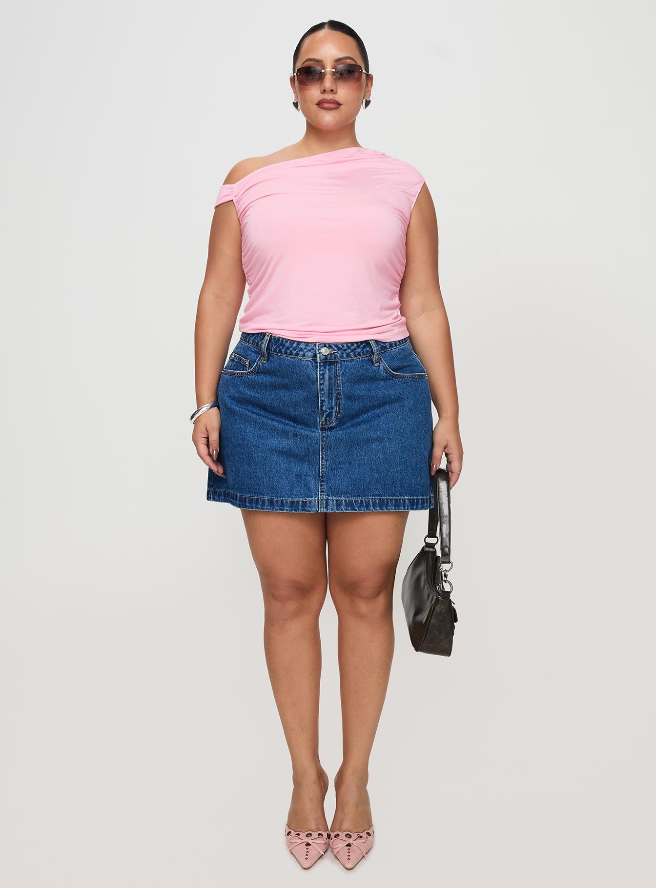 Nickei Denim Mini Skirt Mid Wash Curve | Princess Polly