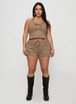 front view of model wearing Princess Polly Eternal Youth Faux Suede Top Taupe Curve Sleeveless V-Neck 