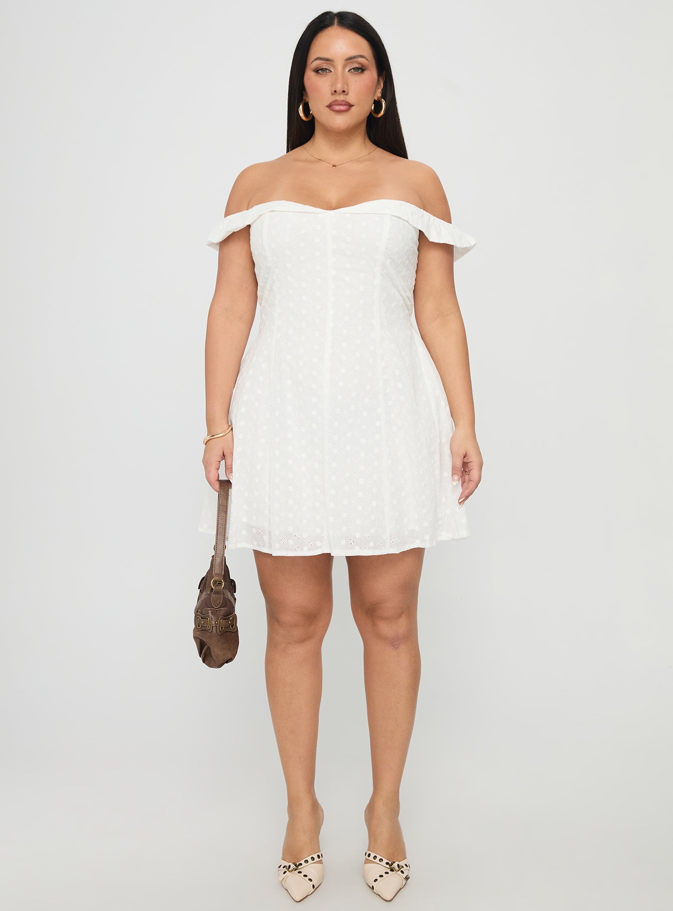 Rosebud Broderie Off The Shoulder Mini Dress White Curve | Princess Polly Rosebud Broderie Off The Shoulder Mini Dress White Curve | Princess Polly