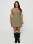 front view of model wearing Princess Polly Portillo Linen Blend Mini Dress Olive Curve Plunger 