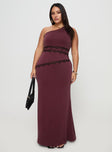 side view of model wearing Princess Polly Ultraviolet One Shoulder Lace Maxi Dress Wine Curve Asymmetric Neckline 