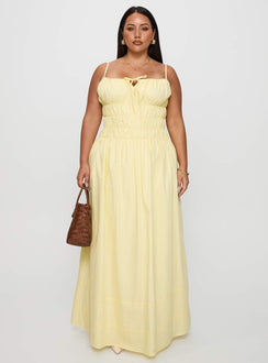 front view of model wearing Princess Polly Loralei Shirred Maxi Dress Yellow Curve Square Neck 