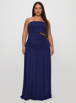 front view of model wearing Princess Polly Grandeur Strapless Maxi Dress Navy Curve Straight Neck 