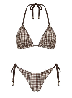 Glora Tie Side Ribbed Bikini Bottom Brown Check