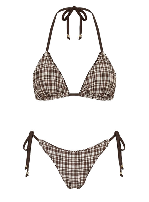 Glora Tie Side Ribbed Bikini Bottom Brown Check