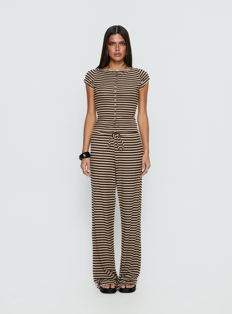 Angellina Jersey Button Down Top Chocolate / Cream Stripe