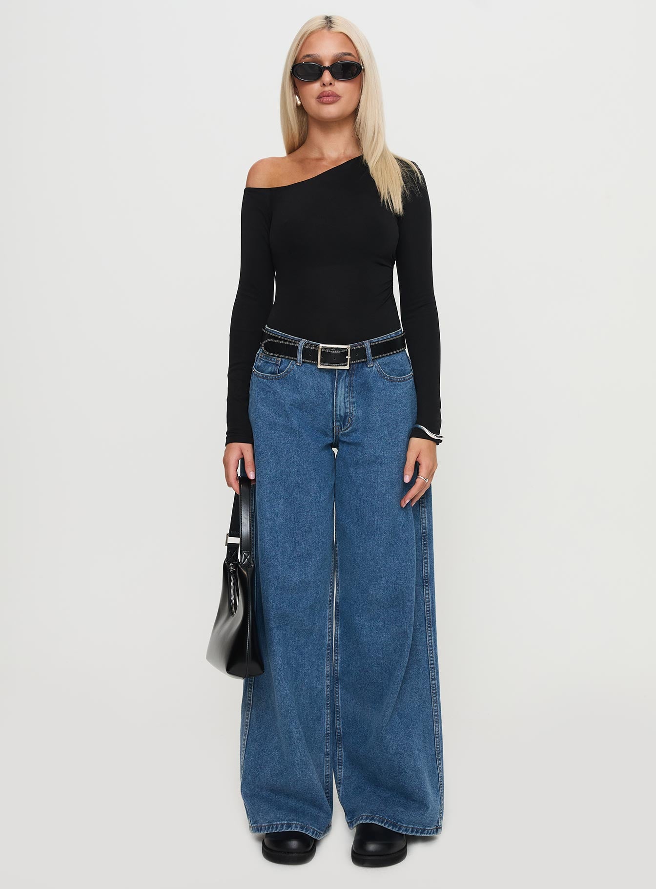 front view of model wearing Princess Polly Miyako Long Sleeve Bodysuit Black Long Sleeve Tops 