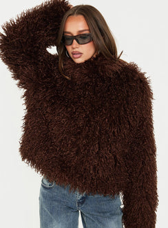 Kaiero Oversized Faux Fur Shag Jacket Brown