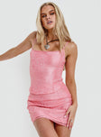 Pink Two piece set Crop top, elasticated shoulder strap, square neckline, zip fastening at back High rise mini skirt, invisible zip fastening at side