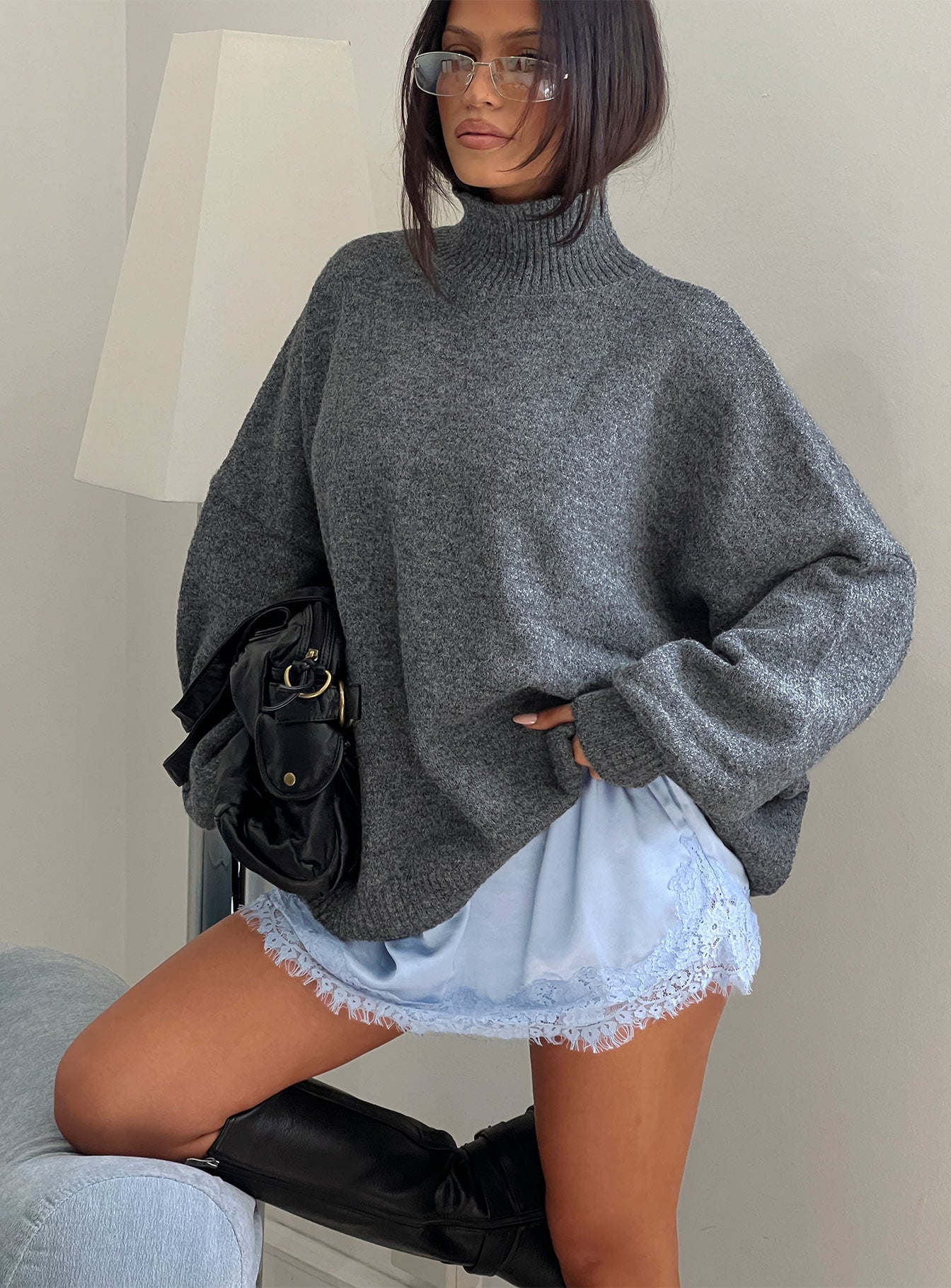 k*o様 STONE  クルーネックニット ダークグレーL Patrizia Funnel Neck Knit Sweater Grey | Princess Polly