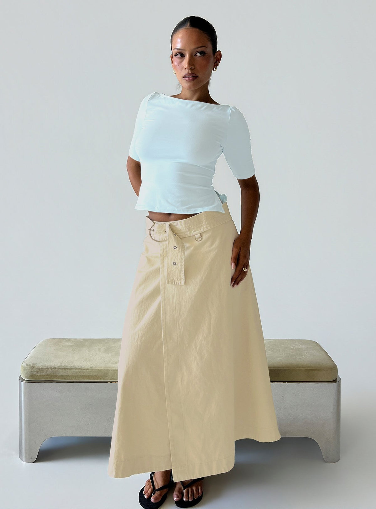 Showcasing the True Visions Belted Maxi Skirt Sand in womens-skirts with maxi length front view of model wearing Princess Polly
