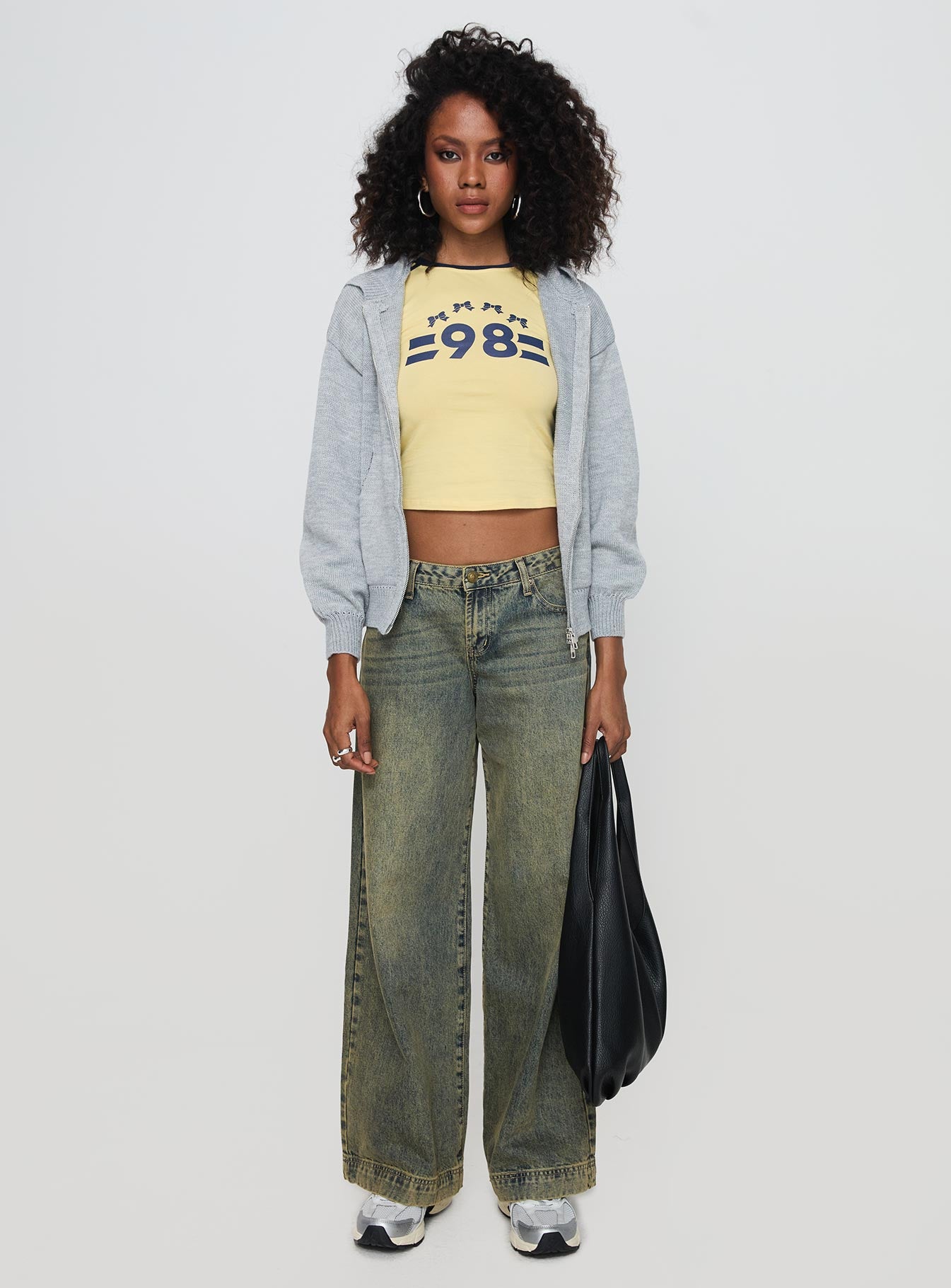 back view of model wearing Princess Polly Morrigan Zip Up Hooded Sweater Grey Marle Cropped 