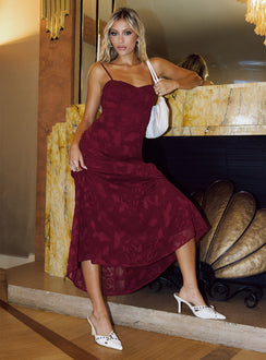 Leading Lady Sweetheart Maxi Dress Red Floral Burnout