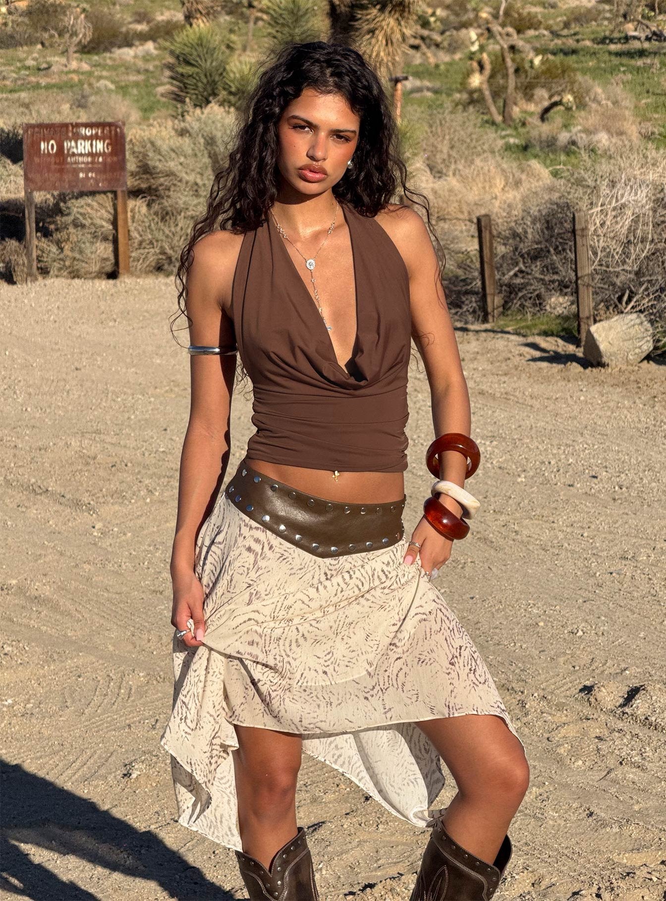   front view of model wearing Princess Polly Dark Mirage Asymmetrical Midi Skirt Multi Midi Skirts 