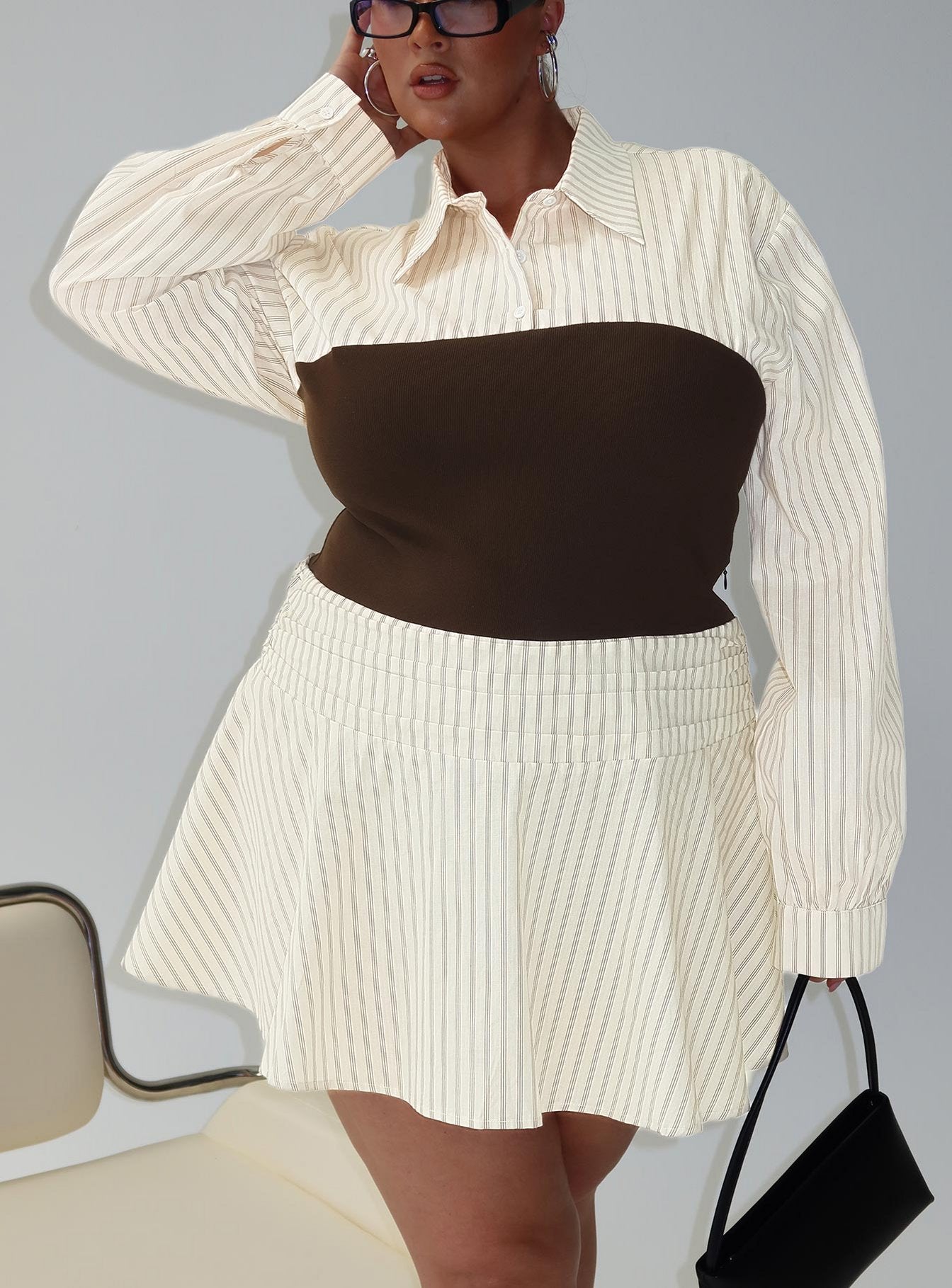 corset shirt dress Belva Long Sleeve Corset Shirt Mini Dress Brown Stripe Curve