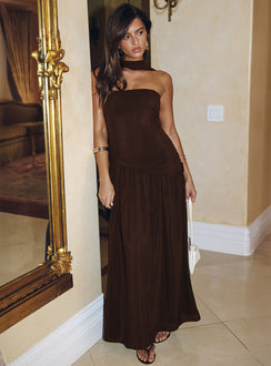 Odela Strapless Scarf Drop Waist Maxi Dress Chocolate