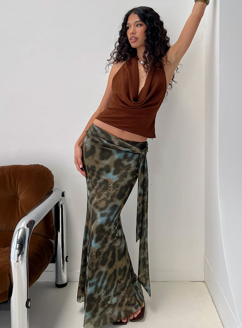   side view of model wearing Princess Polly Caviar Tie Maxi Skirt Leopard 