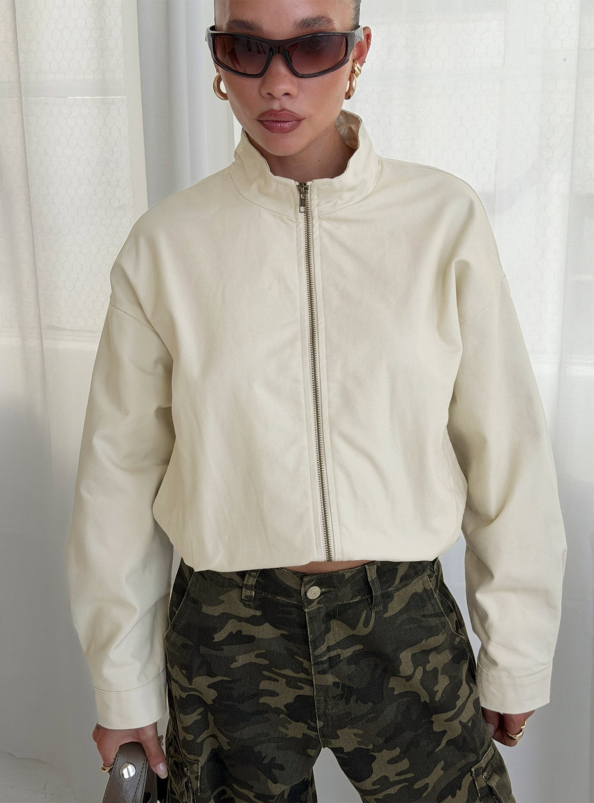 Chayden Cropped Canvas Bomber Jacket Cream